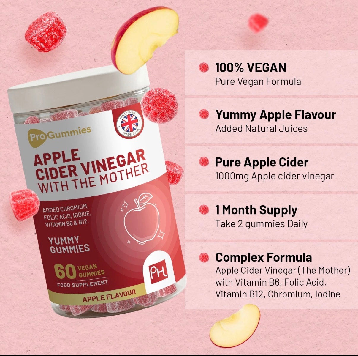 Prowise Apple Cider Vinegar Gummies with the Mother – 60 Vegan Gummies (Apple Flavour)